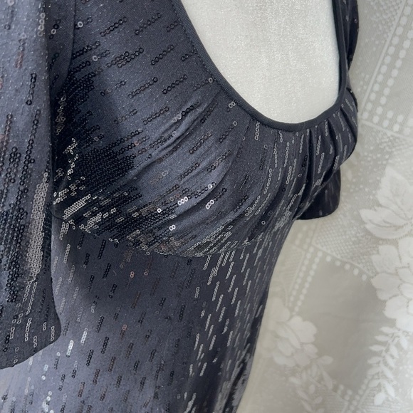 Suzi Chin Black Sequin Jersey Pleated Scoop Neck Party Cocktail Dress - Picture 8 of 10